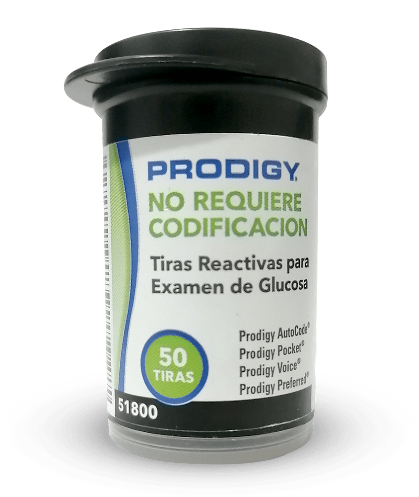 Prodigy, kit para el monitoreo de la glucosa. Incluye medidor Prodigy,  tiras reactivas 100 unidades, 10 lancetas, instrumento de punción, funda de